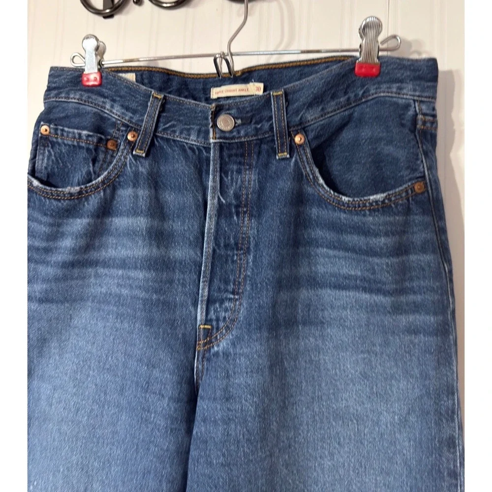 Levis Premium Ribcage Straight Ankle Jeans Blue Denim Button Fly Size 30 Big E - Picture 3 of 11